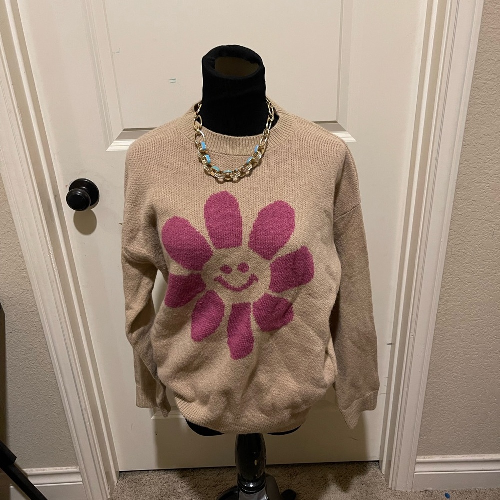 Cream and Pink Crew Neck Sweater with Floral Design